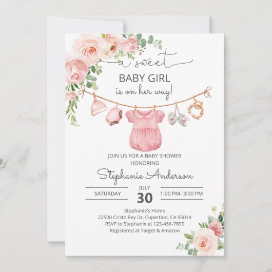 ベビーガール服ベビーシャワー招待状 招待状 (正面)