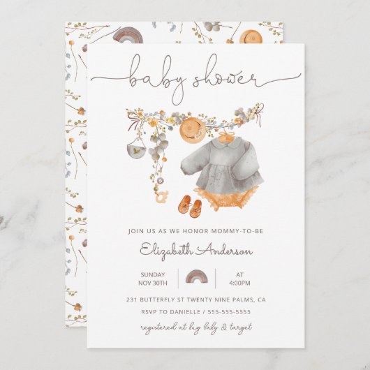 ベビーガール物干し用ベビーシャワー 招待状 (正面/裏面)