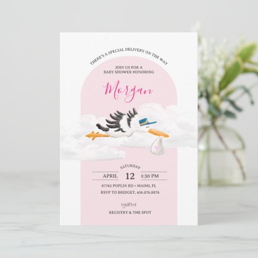 ベビーガール特別配送ストーク赤ちゃんシャワー 招待状 (スタンド正面)