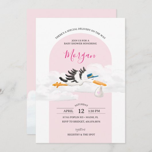 ベビーガール特別配送ストーク赤ちゃんシャワー 招待状 (正面/裏面)