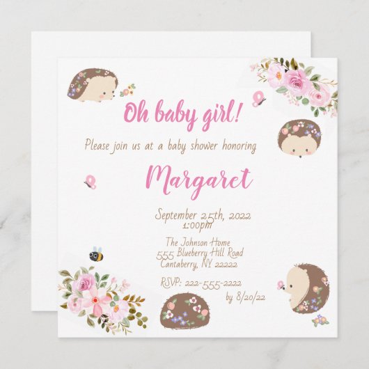 ベビーガール用ハリネズミ赤ちゃんシャワー招待状 招待状 (正面/裏面)