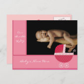 ベビーガール発表 – ピンクベビー乳母車 案内ポストカード (正面/裏面)