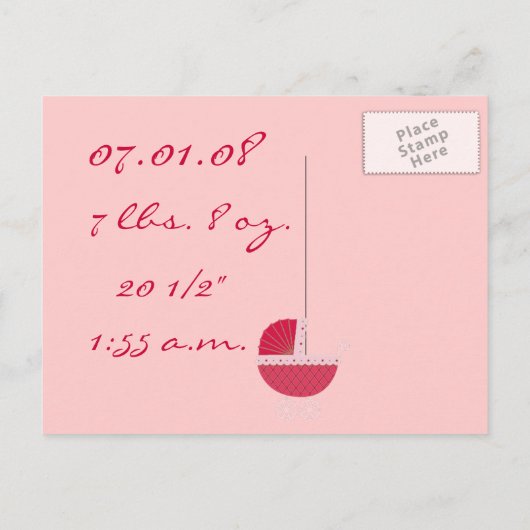 ベビーガール発表 – ピンクベビー乳母車 案内ポストカード (裏面)