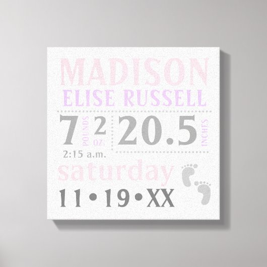 ベビーガール発表，ピンク，紫，グレー キャンバスプリント (正面)