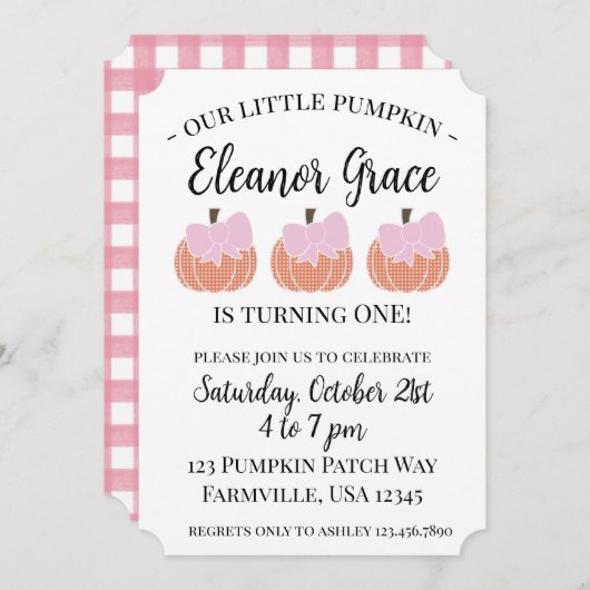 ベビーガール私たちの小さなかぼちゃの最初の誕生日 招待状 (正面/裏面)