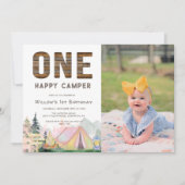 ベビーガール素朴ワンハッピーキャンパー誕生日 招待状 (正面)