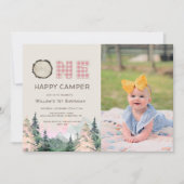 ベビーガール素朴ワンハッピーキャンパー誕生日 招待状 (正面)