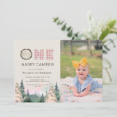 ベビーガール素朴ワンハッピーキャンパー誕生日 招待状 (スタンド正面)