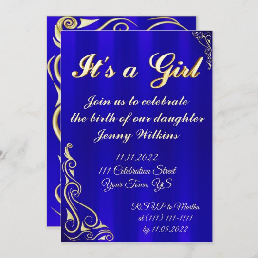 ベビーガール誕生お祝い金ゴールドアンドブルー 招待状 (正面/裏面)