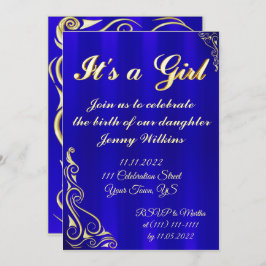 ベビーガール誕生お祝い金ゴールドアンドブルー 招待状