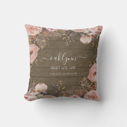 ベビーガール誕生スタッツウッ素朴ドフローラピンクローズ クッション (正面)