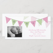 ベビーガール誕生三角形フラグバナーフォトカード 案内状 (正面/裏面)