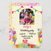 ベビーガール誕生日カード 招待状 (正面/裏面)