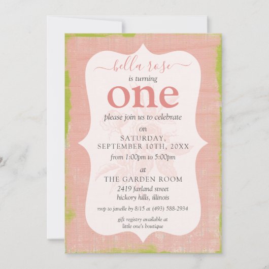 ベビーガール誕生日シャビーバラコテージカスタム時代 招待状 (正面)