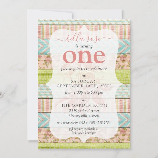 ベビーガール誕生日シャビーバラコテージカスタム時代 招待状 (正面)