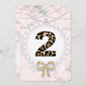 ベビーガール誕生日シャワーパールズレオパード 招待状 (正面/裏面)