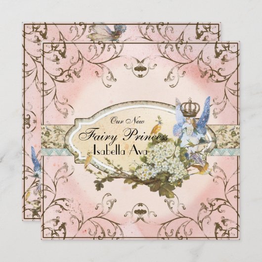 ベビーガール誕生発表 – 妖精の国プリンセス 案内状 (正面/裏面)