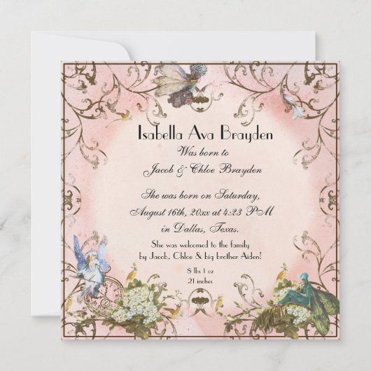 ベビーガール誕生発表 – 妖精の国プリンセス 案内状 (裏面)