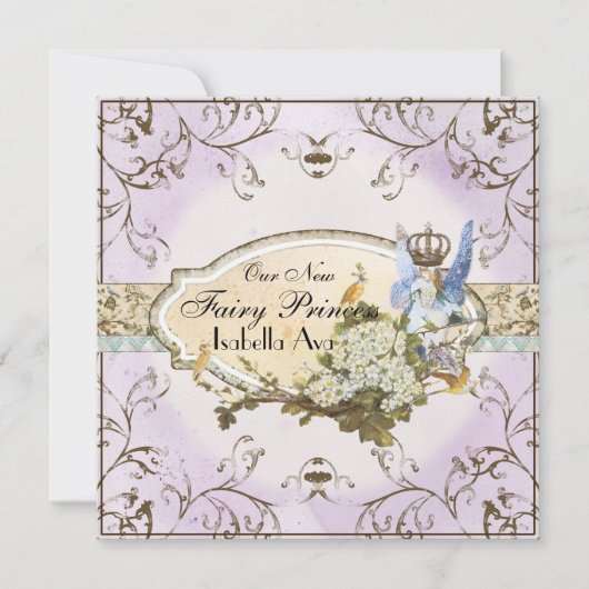 ベビーガール誕生発表 – 妖精の国プリンセス 案内状 (正面)