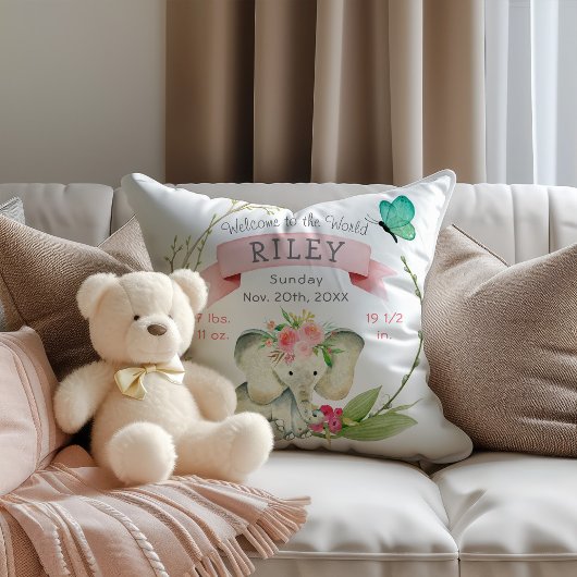 ベビーガール誕生統計かわいい象 クッション