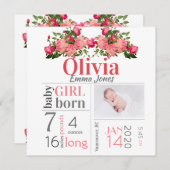 ベビーガール誕生統計アナウンスピンクフローラカード (正面/裏面)