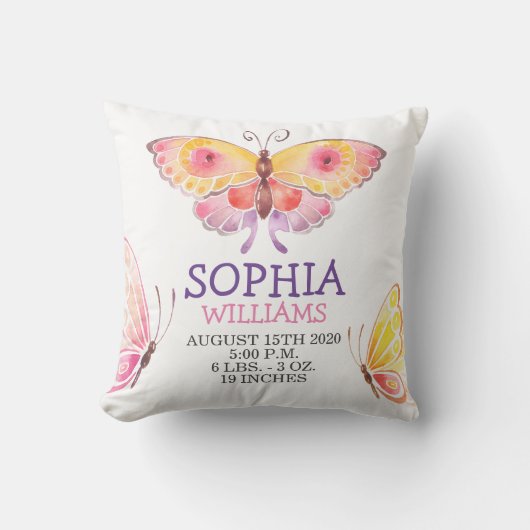 ベビーガール誕生統計金ゴールドキュートバタフライ クッション (正面)