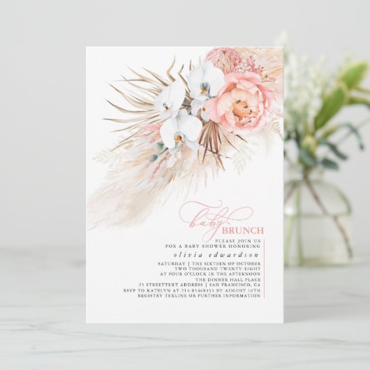 ベビーガール赤ちゃんシャワーピンクフローラパンパスグラス 招待状 (スタンド正面)