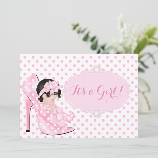 ベビーガール赤ちゃんシャワーピンク白水玉模様C 招待状 (スタンド正面)