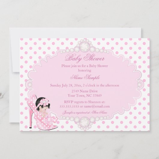 ベビーガール赤ちゃんシャワーピンク白水玉模様C 招待状 (裏面)