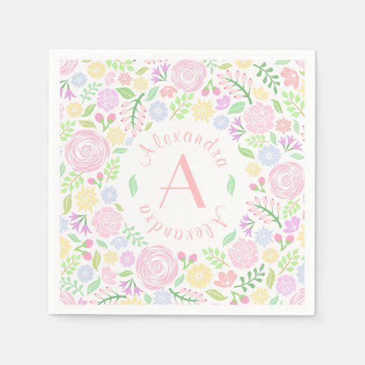 ベビーガール赤ちゃんシャワーモノグラムフローラ紙ナプキン スタンダードカクテルナプキン (正面)