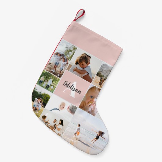 ベビーガール赤面ピンクモダンフォトコラージュ スモールクリスマスストッキング (正面 (吊り時))