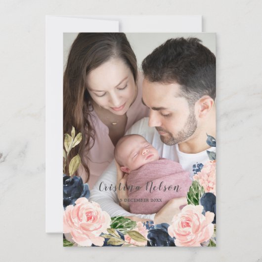 ベビーガール赤面ピンク生まれたばかりのク誕生のお知らせ 招待状 (正面)