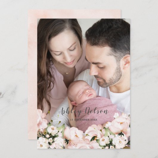 ベビーガール赤面&白生まれたばかりの生誕発表 招待状 (正面/裏面)