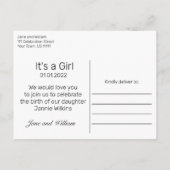 ベビーガール足ブラックモダンミニマル誕生 案内ポストカード (裏面)