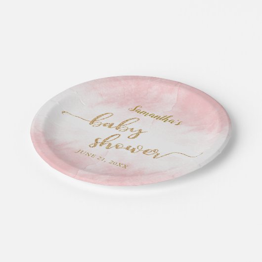 ベビーガール金ゴールドグリッター水彩ピンク赤ちゃんシャワー ペーパープレート (アングル)