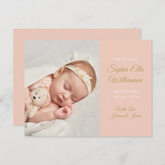 ベビーガール金ゴールドスクリプトフォトエレガント誕生 案内ポストカード (正面/裏面)