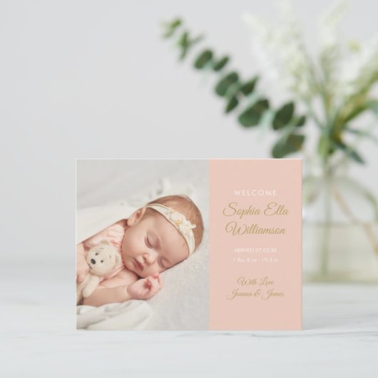 ベビーガール金ゴールドスクリプトフォトエレガント誕生 案内ポストカード (スタンド正面)