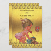 ベビーガール電話ベビーシャワー金ゴールドChevens 招待状 (正面/裏面)