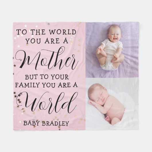ベビーガール1年生フォトコラージュ記念ピンク フリースブランケット (正面(横))