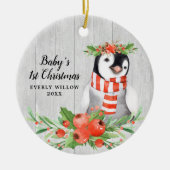 ベビーガール1stクリスマスパーソナライズされたかわいいペンギン セラミックオーナメント (正面)