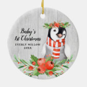 ベビーガール1stクリスマスパーソナライズされたかわいいペンギン セラミックオーナメント (裏面)
