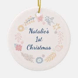 ベビーガール1stクリスマスピンク植物写真 セラミックオーナメント