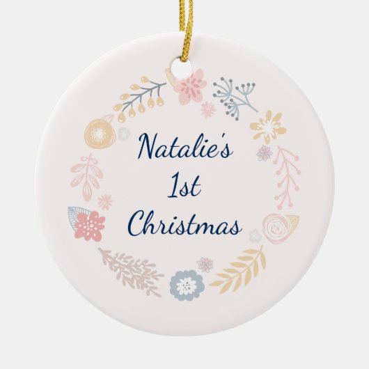 ベビーガール1stクリスマスピンク植物写真 セラミックオーナメント (正面)