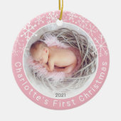 ベビーガール1stクリスマスフォトスノーフレークスピンク セラミックオーナメント (正面)