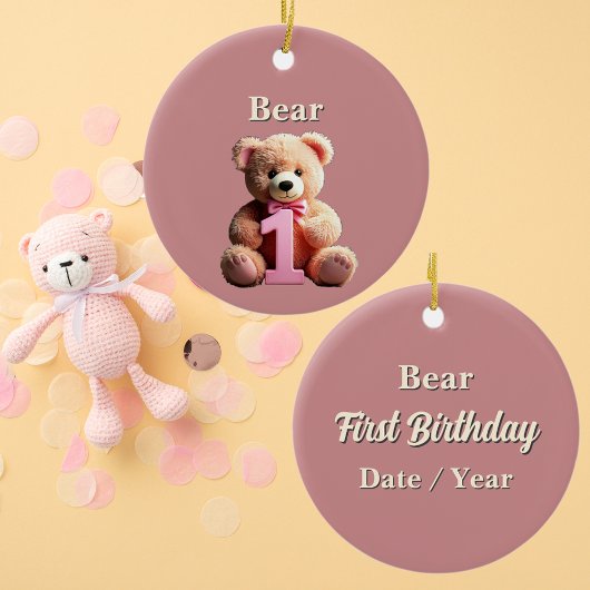 ベビーガール1stバースデーピンクテディベアーキープサケ セラミックオーナメント