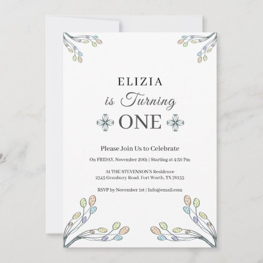 ベビーガール1stバースデーホワイトレトロフローラ 招待状 (正面)