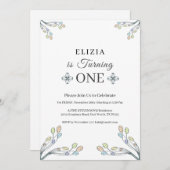 ベビーガール1stバースデーホワイトレトロフローラ 招待状 (正面/裏面)