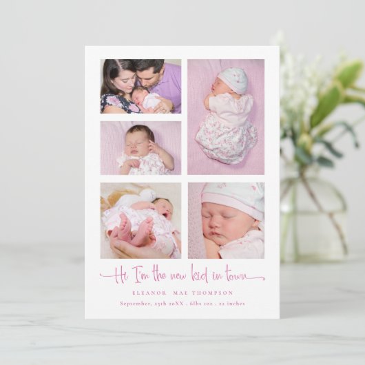 ベビーガール5フォトコラージピンクスクリプト誕生 案内状 (スタンド正面)