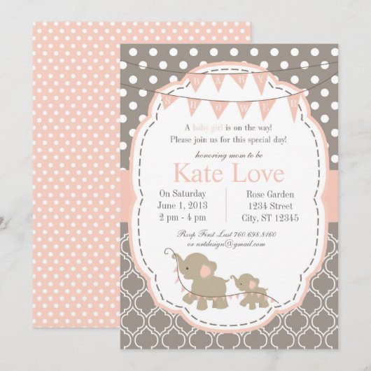 ベビーガール エレファント シャワー 招待状 - ピンク (正面/裏面)