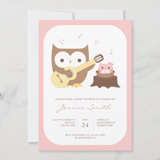 ベビーガール オウル ギター ベビーシャワー 招待状 (正面)